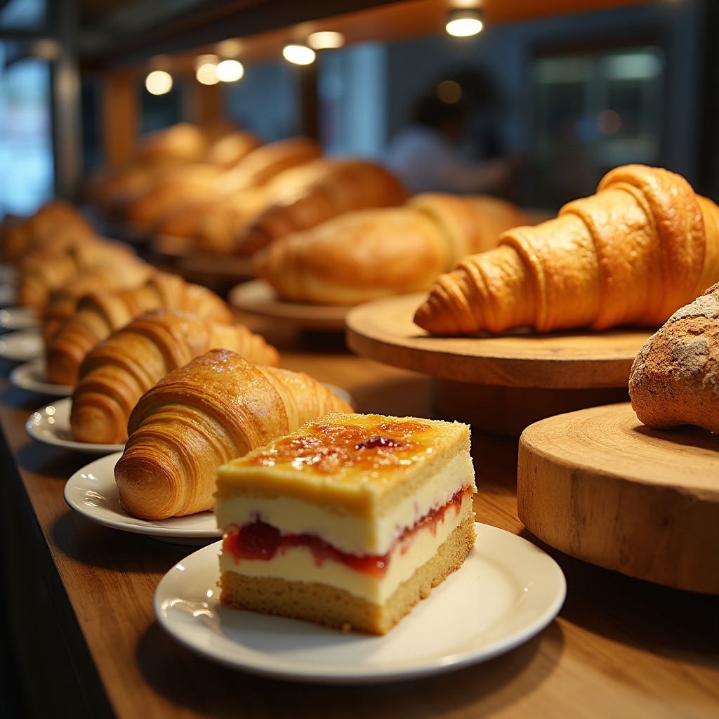 Ассортимент кондитерских изделий в витрине пекарни